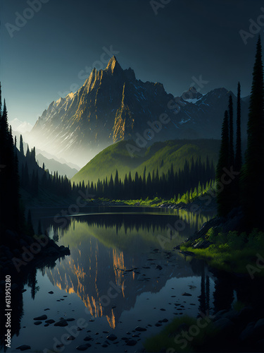 Highland lake lanscape. AI generated illustration © vector_master