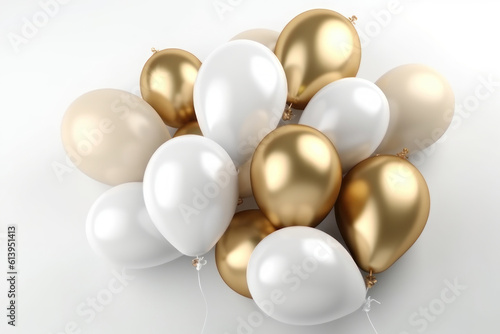 White and gold balloons on a white background, festive background. AI generative.