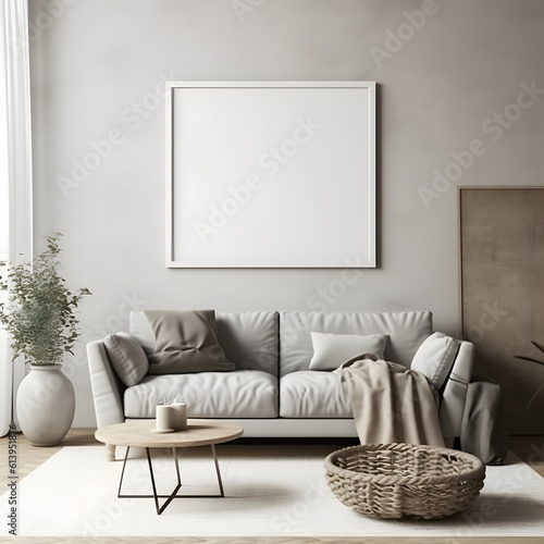 Blank picture frame mockup on wall in modern interior. Artwork template mock-up in interior design. View of modern boho style interior with plant in trendy vase. 