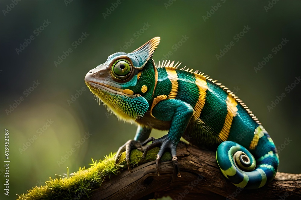 Chameleon perched on a branch. Generative AI Chameleon perched on a branch. Generative AI