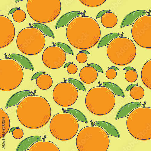 Seamless bright light pattern with Fresh oranges for fabric, drawing labels, print on t-shirt, wallpaper of children's room, fruit background. Orange doodle style cheerful background. Vector illustrat