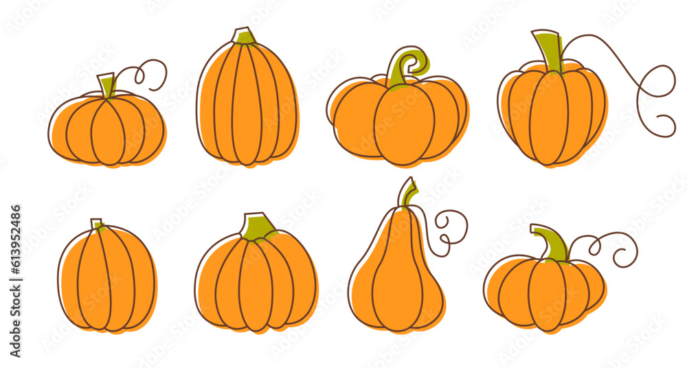 Pumpkin Doodle Collection. Cute Cartoon Pumpkins. Autumn Harvest Design elements. Hand Drawn Squash.