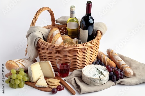 Wine bottle and picnic basket filled with wine, cheese, baguette isolated on white background. illustration. Generative AI.