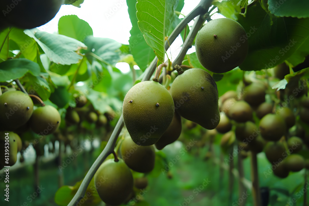 Kiwi picking season. Kiwi on a kiwi tree plantation greenhouse with