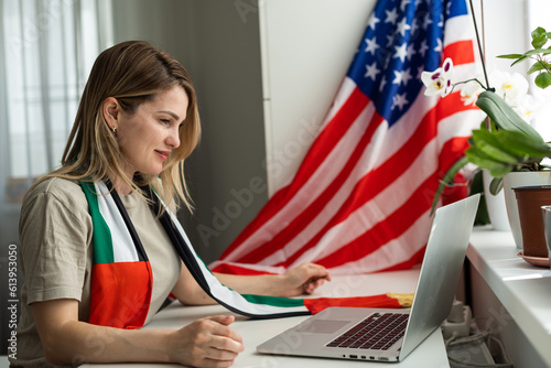Student at desk studying free online American university academic course during global Covid 19 pandemic, writing essay, scholarship application, preparing for youth job, work travel, USA immigration