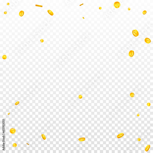 Chinese yuan coins falling. Scattered gold CNY