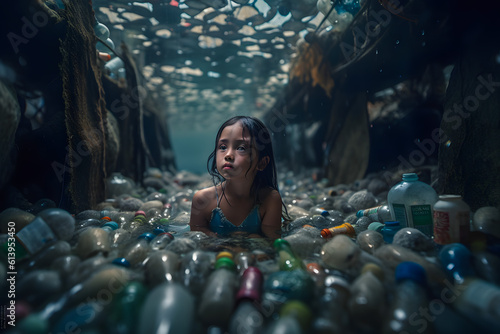 Children child kids girl bathes in a tropical sea polluted with plastic bottles. The concept of the future of the children of mankind, the resolution nature biosphere of water. Generative AI.