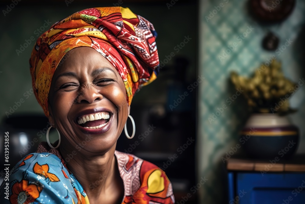 Portrait of happy senior african woman in turban Generative AI