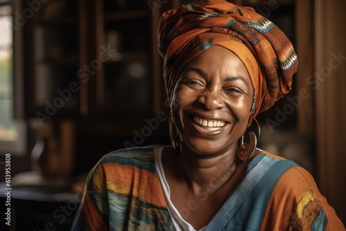 Fototapeta Portrait of happy senior african woman in turban Generative AI