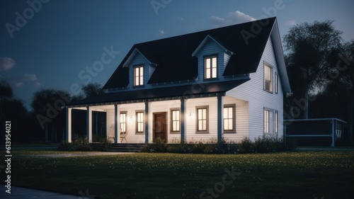Classic American suburban modern farmhouse. Two story, white siding walls, dark shingle roof, spacious porch, neatly trimmed lawn, evening lighting. 3D rendering. Generative AI