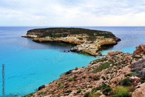View of Rabbits Beach or Conigli island, the most famous sea place of Lampedusa island, Sicily, Italy