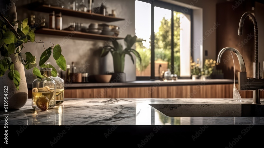 Fragment of a modern kitchen in a luxury home. Quartz countertop, wooden cabinets, open shelves, table decor, plants in vases, beautiful garden view from the window. Generative AI
