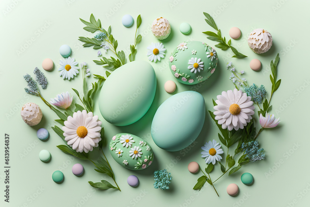 easter eggs and flowers,light background mint large giant pastel eggs,easter eggs with flowers
