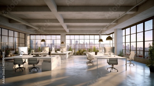 Loft-style open space office in a modern urban building. Concrete walls and floors  large tables  comfortable chairs  desktop computers  plants in floor pots  floor-to-ceiling windows Generative AI
