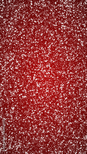 Magic falling snow christmas background. Subtle flying snow flakes and stars on christmas red background. Magic falling snow holiday scenery. Vertical vector illustration.