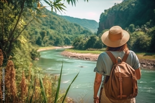 Backpack-clad woman in straw hat gazing at sunny tropical river during travel adventure. Generative AI