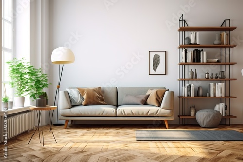 Living room interior with gray velvet sofa, pillows, green plaid, lamp and fiddle leaf tree in wicker basket on white wall background. 3D rendering,Generative AI © Azar