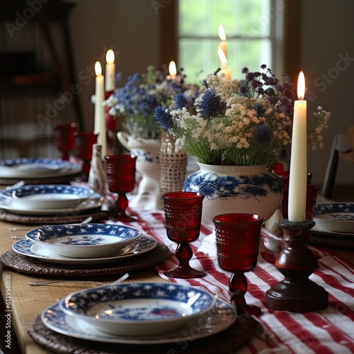 Patriotic table setting with decoration in national flag colors. Happy Independence Day. Generative AI.