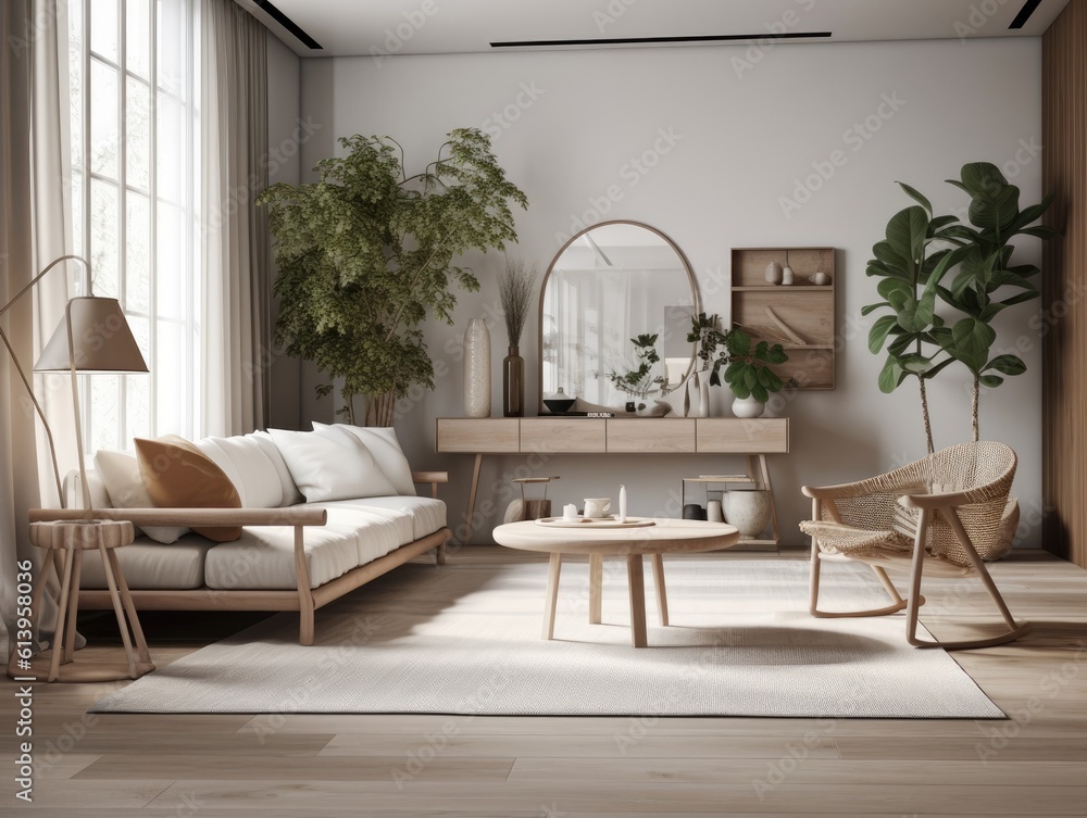 Fototapeta premium Scandinavian comfortable living room, wooden floor and furniture. Generative AI