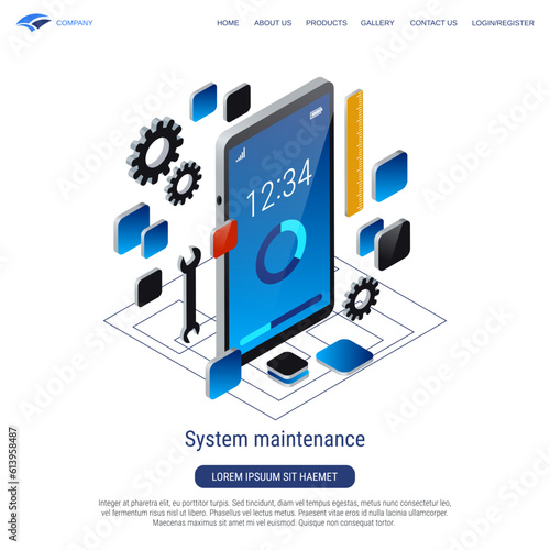 System maintenance, software update, program installation, setup 3d isometric vector concept illustration