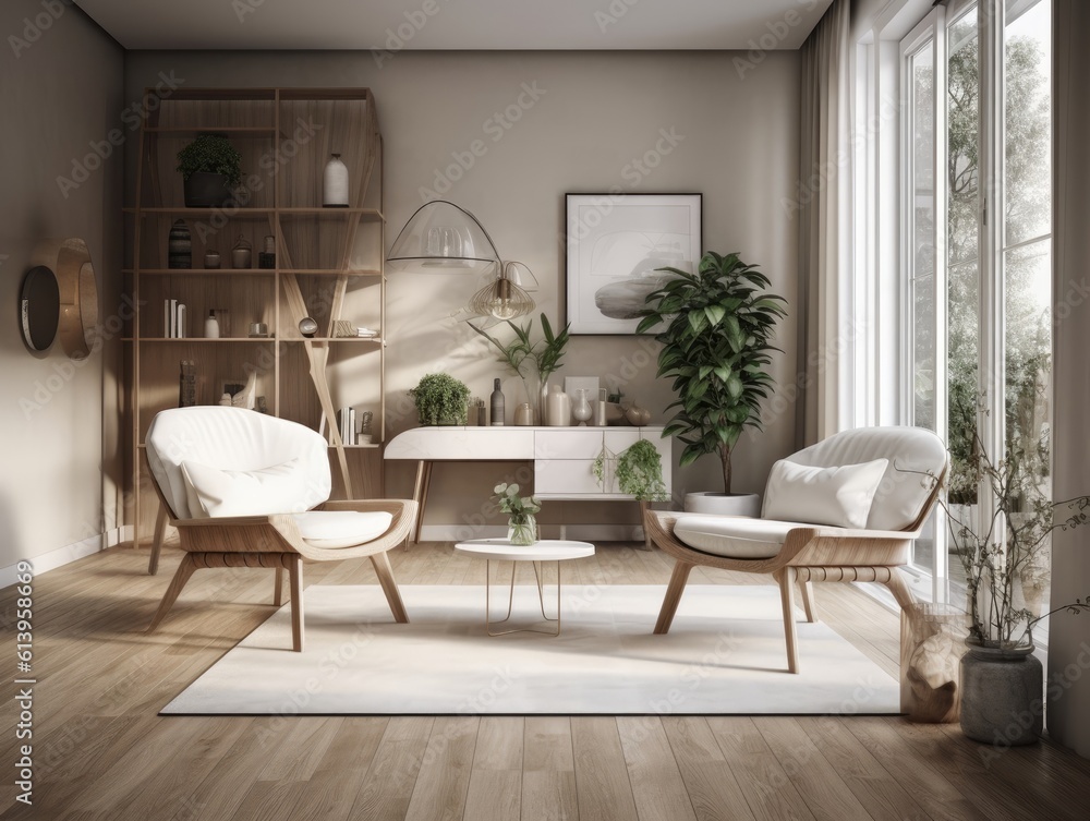 Fototapeta premium Scandinavian comfortable living room, wooden floor and furniture. Generative AI
