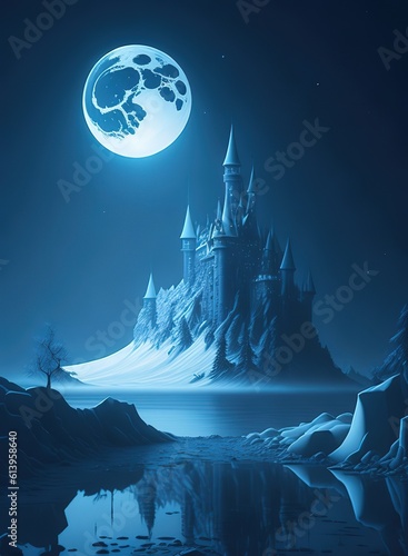 Fairy tale castle minimal art. Moonlight. Winter landscape with ice. Generative AI © master2d