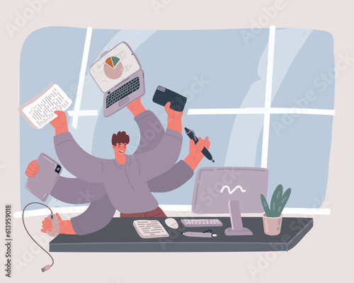 Vector illustration of Multitasking man. Productive work process. Effective management. Vector workaholic concept