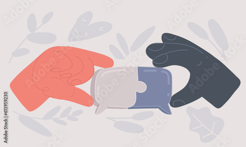 Vector illustration of hands holding two puzzle speech bubble pieces