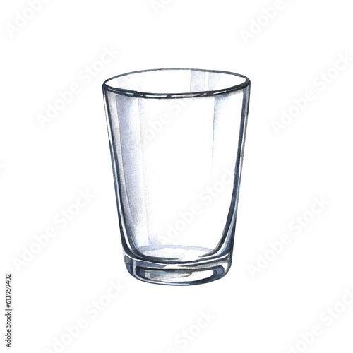 Empty glass cup for water, juice or milk. Dishes or drinking utensils. Watercolor hand drawn illustration. Isolated on white background. Element for the design of banners, flyers, menus.