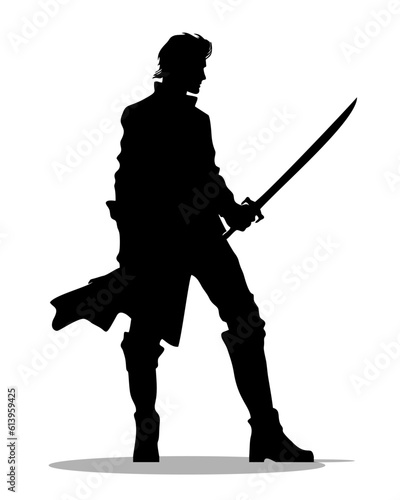 Silhouette of a man with a court sword in a long cloak and high boots. Vector illustration
