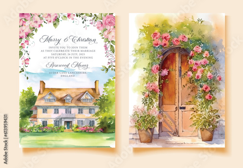 Watercolor wedding in a classic castle garden with floral wooden door