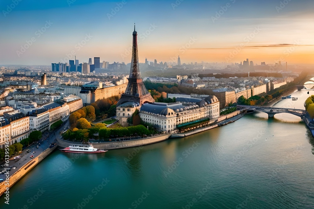  Beautiful aerial view of Paris, France with the Eiffel Tower and Seine River in the foreground