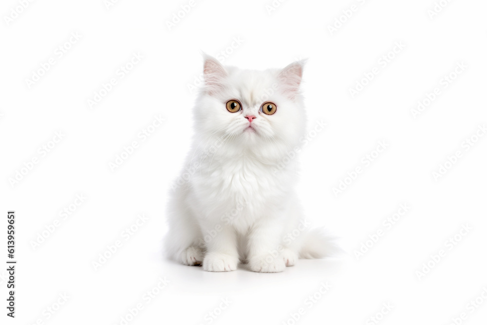 Little white cute cat isolated on total white background