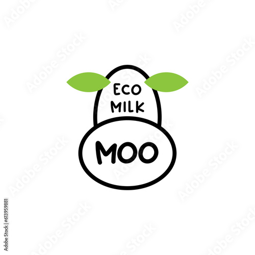 Logo with green leaf for farm milk, cow, udder emblem, organic eco milk