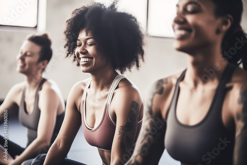 Group of mixed race smiling people practicing yoga in the gym close up