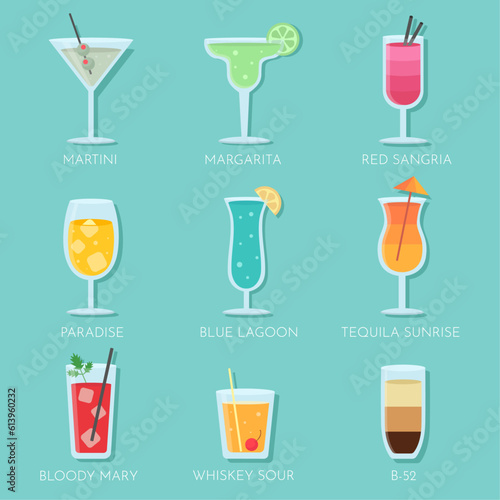 Cool and colorful collection of summer cocktails. Tropical refreshment drinks. Vector illustration.