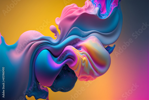 Abstract wavy liquid background in warm pastel blue, yellow and pink colors. Generative AI. photo