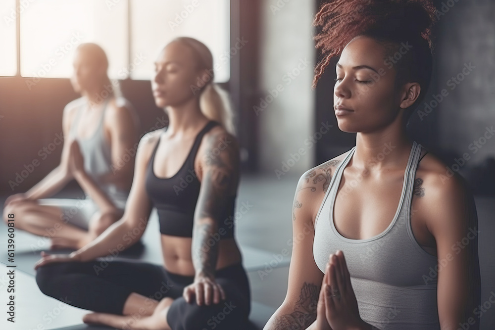 Group of mixed race people practicing yoga in the gym Group of mixed race people practicing yoga in the gym