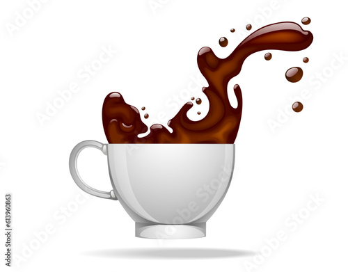 White cup with splash of brown coffee isolated on white. Vector illustration