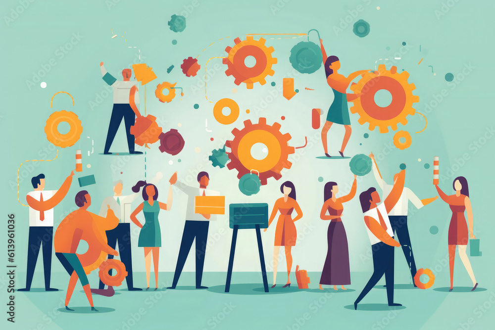 Business and teamwork concept. People installing gear mechanism with cogwheels. Partnership and cooperation. Created with Generative AI Business and teamwork concept. People installing gear mechanism with cogwheels. Partnership and cooperation. Created with Generative AI