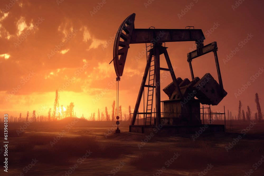 Silhouette of oil pumps at sunset. Pumping oil from drilling rigs. The concept of the energy crisis in the world. Oil production and fossil resources. Created with Generative AI