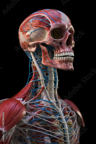 Anatomical model of human body with muscular and circulatory systems. Skeleton on dark background. Created with Generative AI