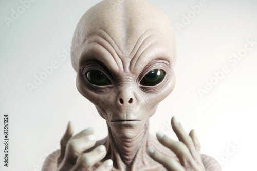 Alien humanoid portrait on white background. Friendly extraterrestrial humanoid shows thumb up gesture. Created with Generative AI