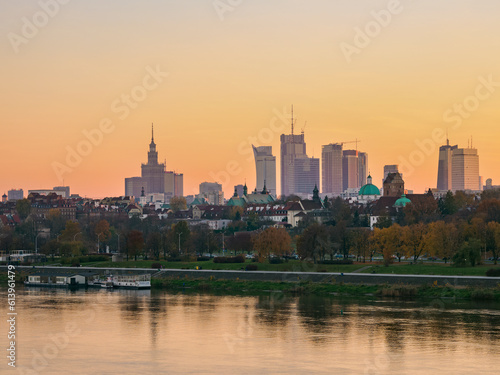 View over River Vistula towards City Centre Skyline at sunset  Warsaw  Masovian Voivodeship  Poland