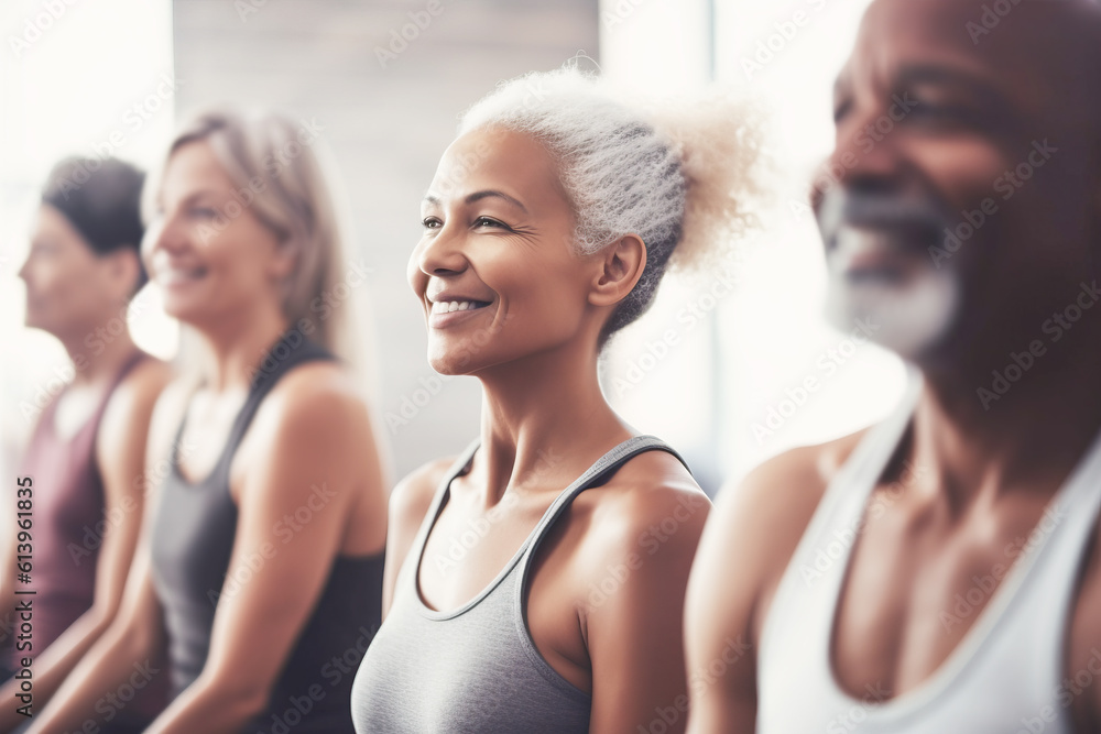 Group of mixed race smiling people practicing yoga in the gym Group of mixed race smiling people practicing yoga in the gym
