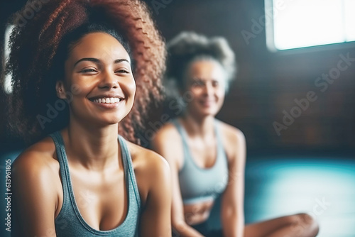 Group of mixed race smiling women practicing yoga in the gym close up