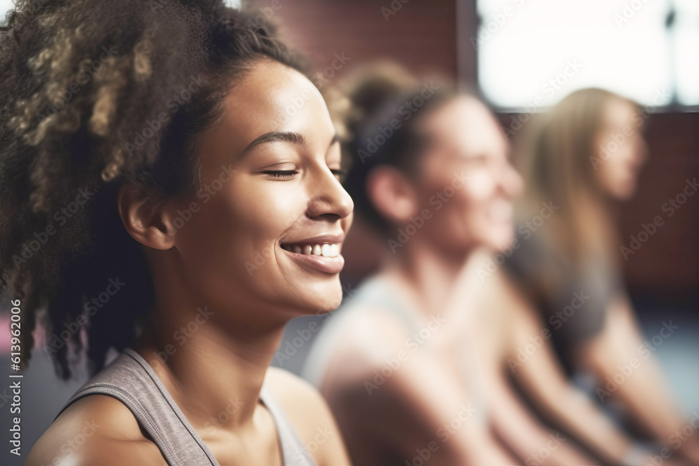 Group of mixed race smiling women practicing yoga in the gym close up Group of mixed race smiling women practicing yoga in the gym close up