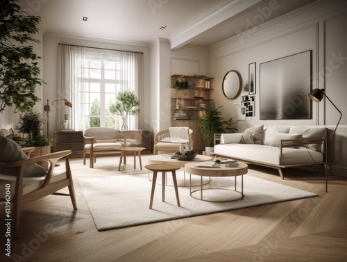 Scandinavian comfortable living room, wooden floor and furniture. Generative AI © Natee Meepian
