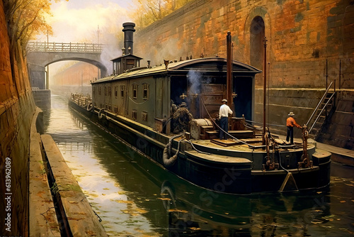 Fotografia, Obraz Coal barge on a canal in the 1800s - Generative AI