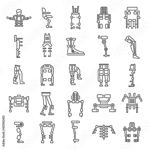 Exoskeleton icons set outline vector. Body cyber. Advanced future